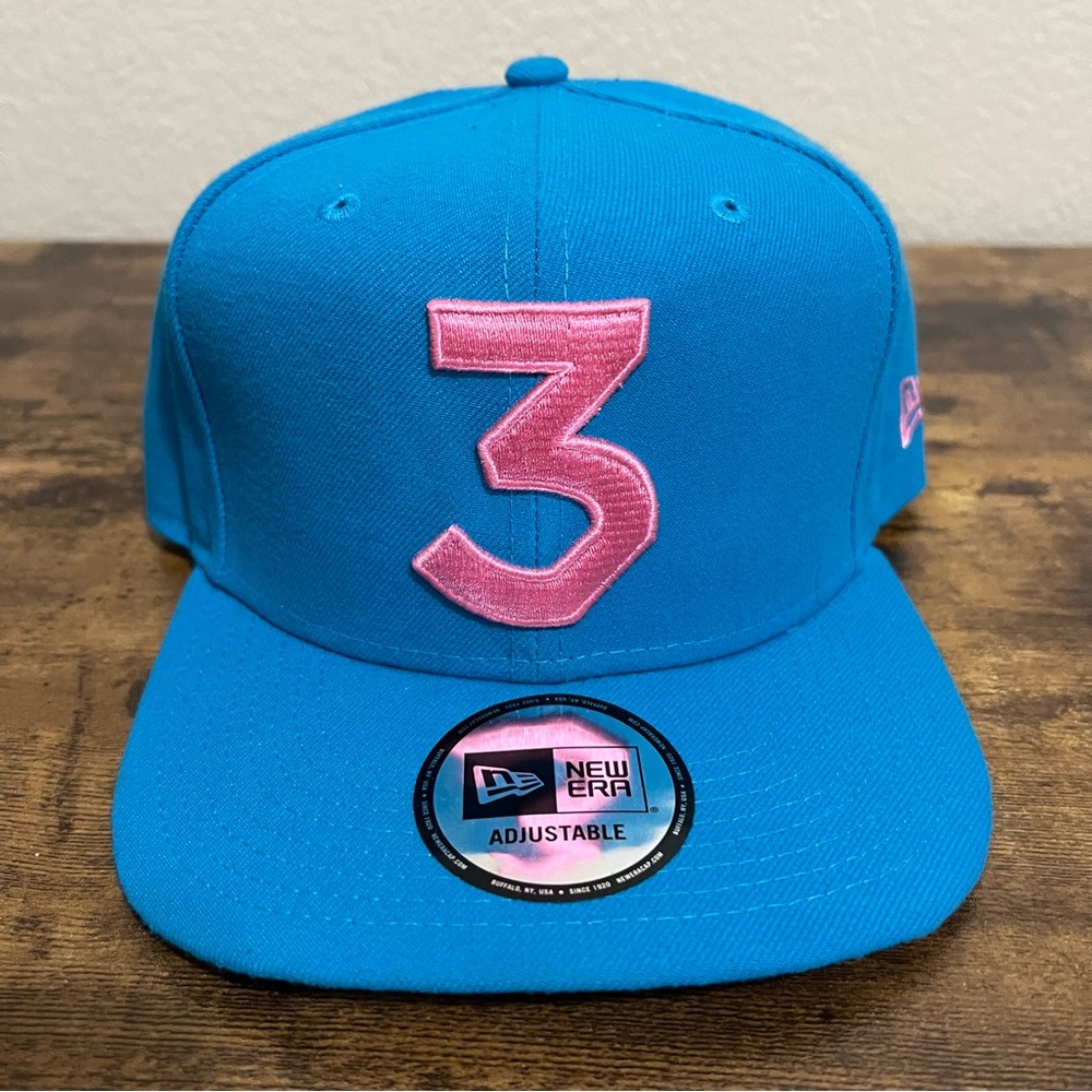 New Era 9FIFTY Chance The Rapper Pink Logo Sunwash Blue Snapback Cap Ltd Ed